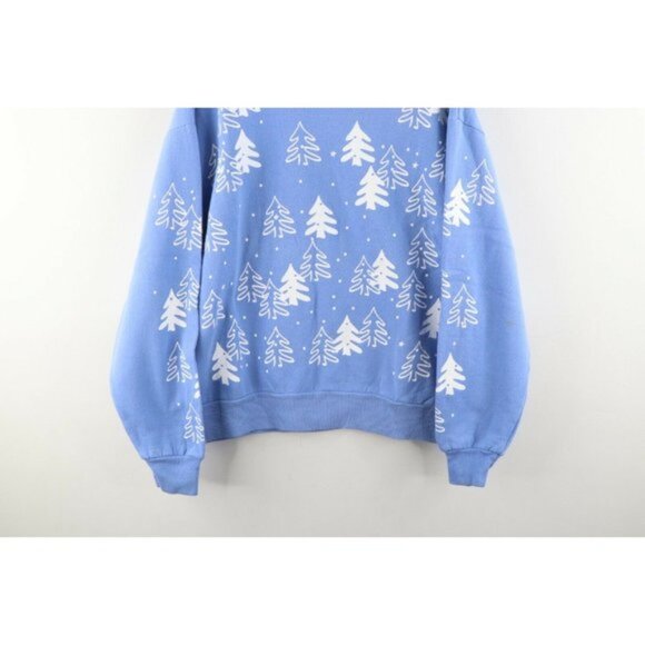 Vintage 90s Michigan Rag Co Womens Large Christmas Tree Print Sweatshirt Blue - Picture 3 of 9
